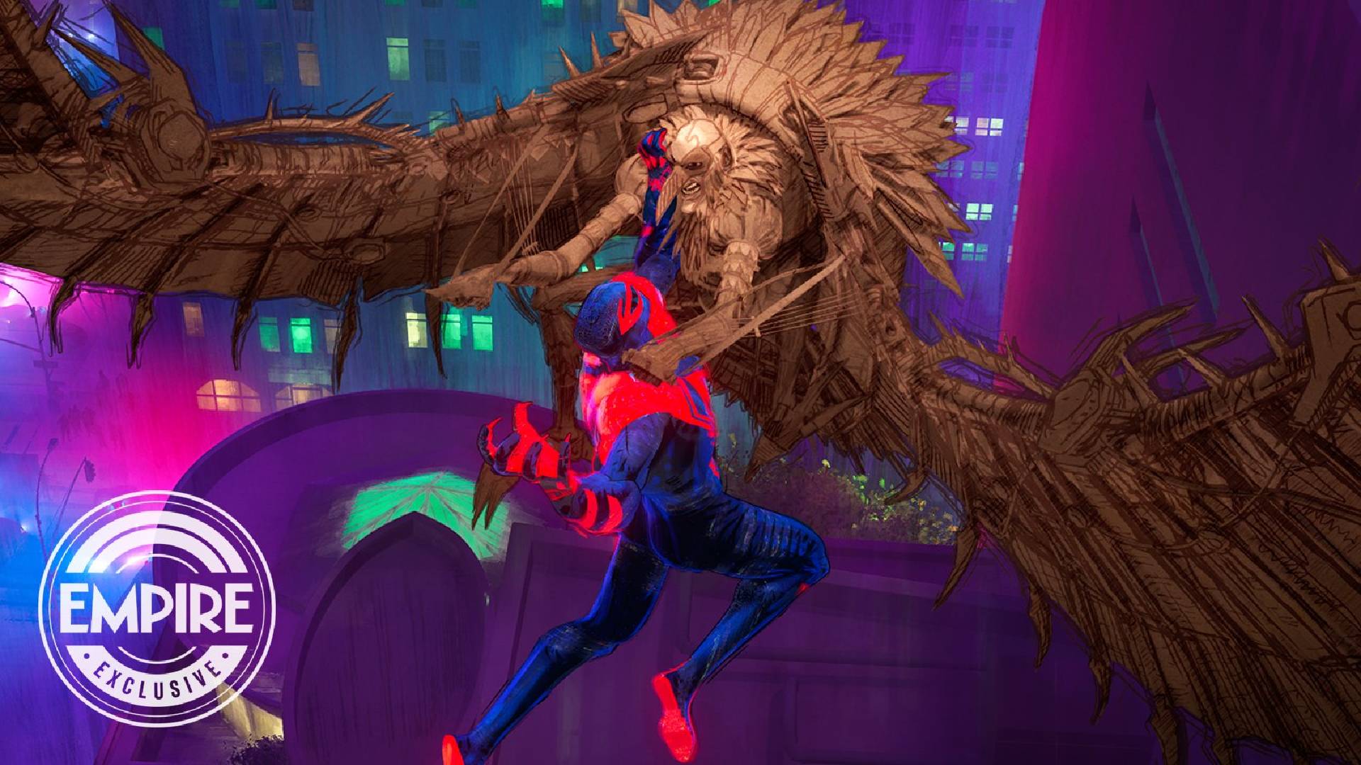 imagen promocional de la nueva pelicula Spiderman a través del Spiderman-verso muy colorida con Spiderman 2999 y el buitre