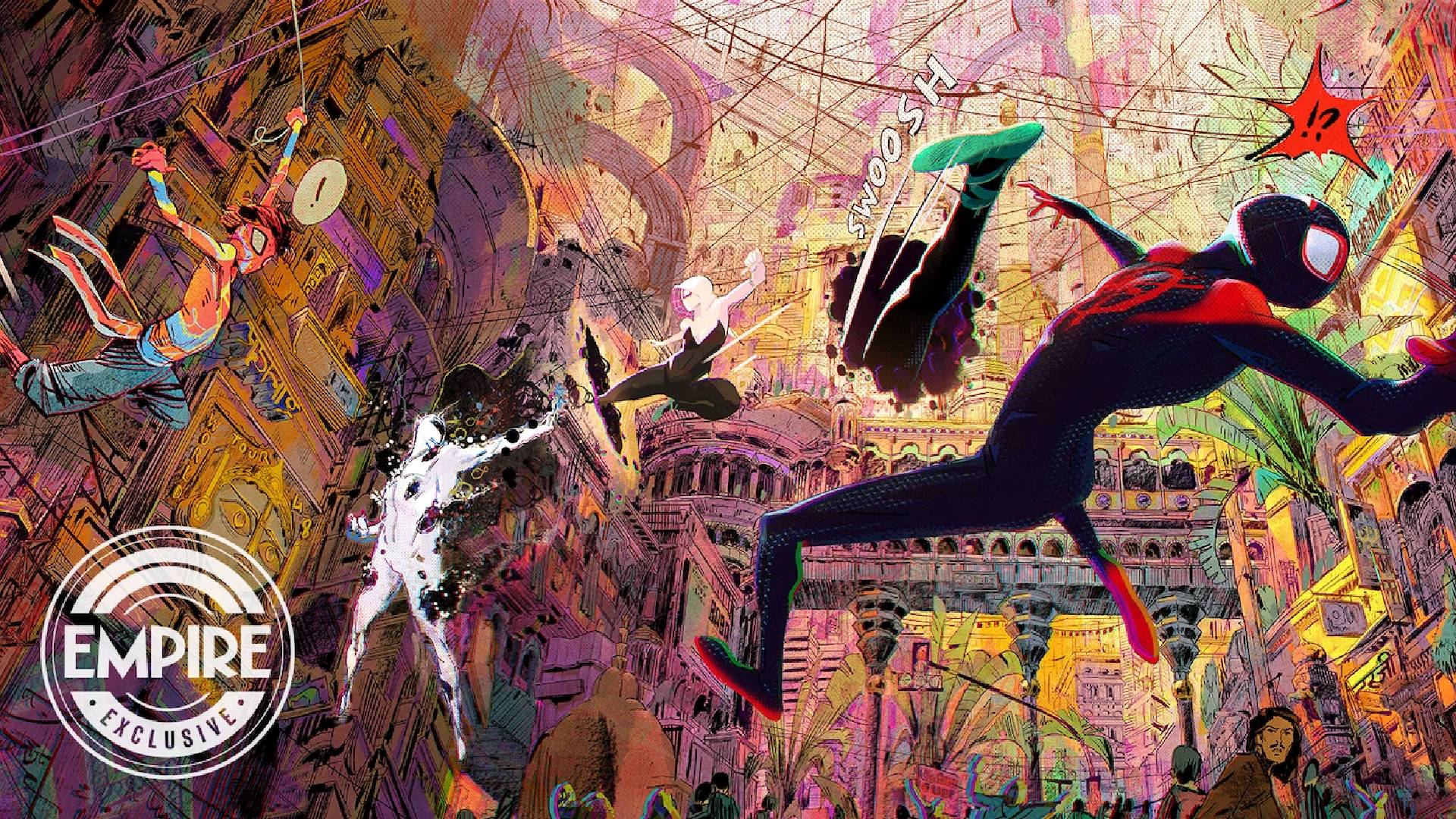 imagen promocional de la nueva pelicula Spiderman a través del Spiderman-verso muy colorida