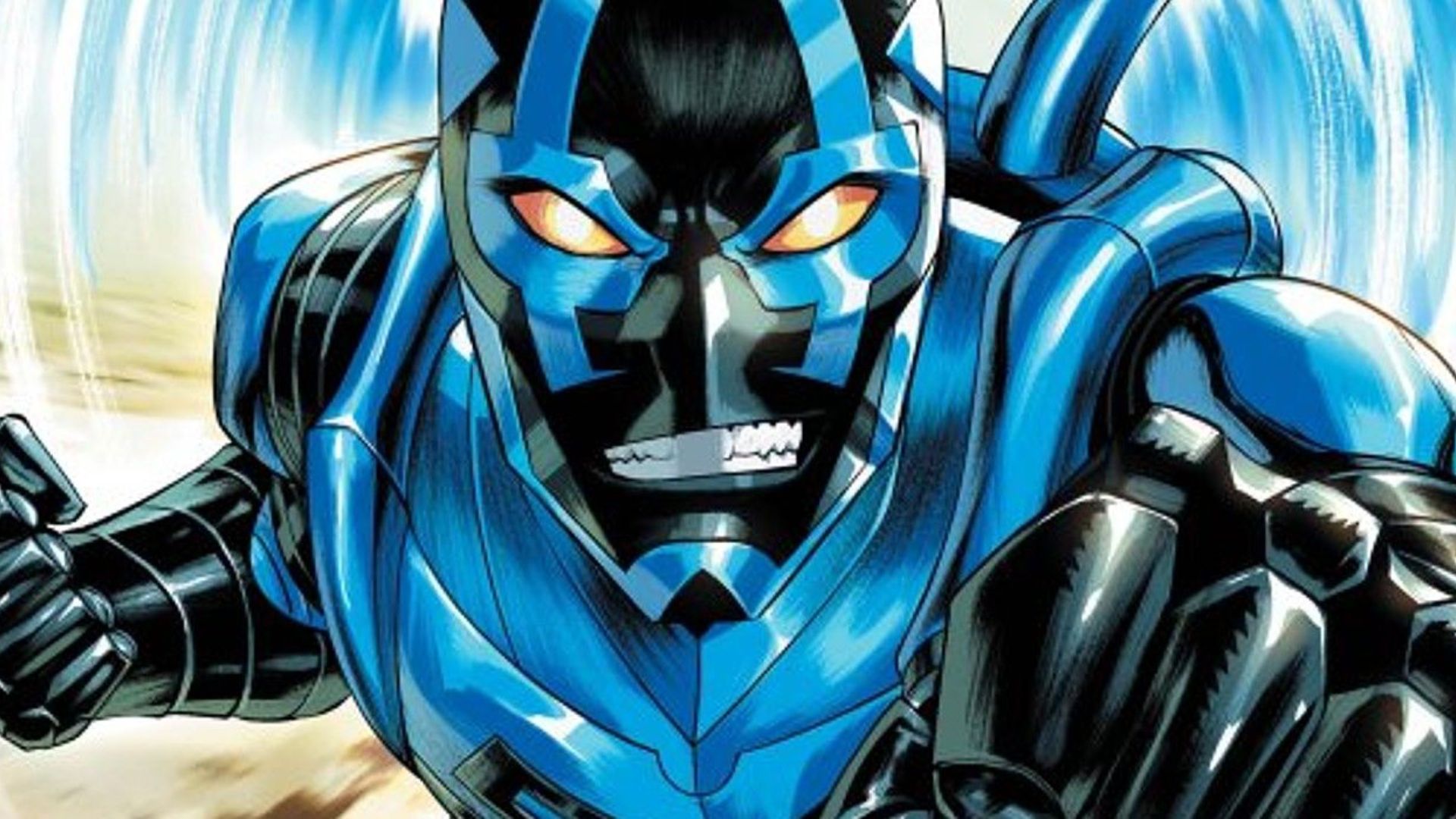 imagen cómic blue Beetle con el personaje enojado