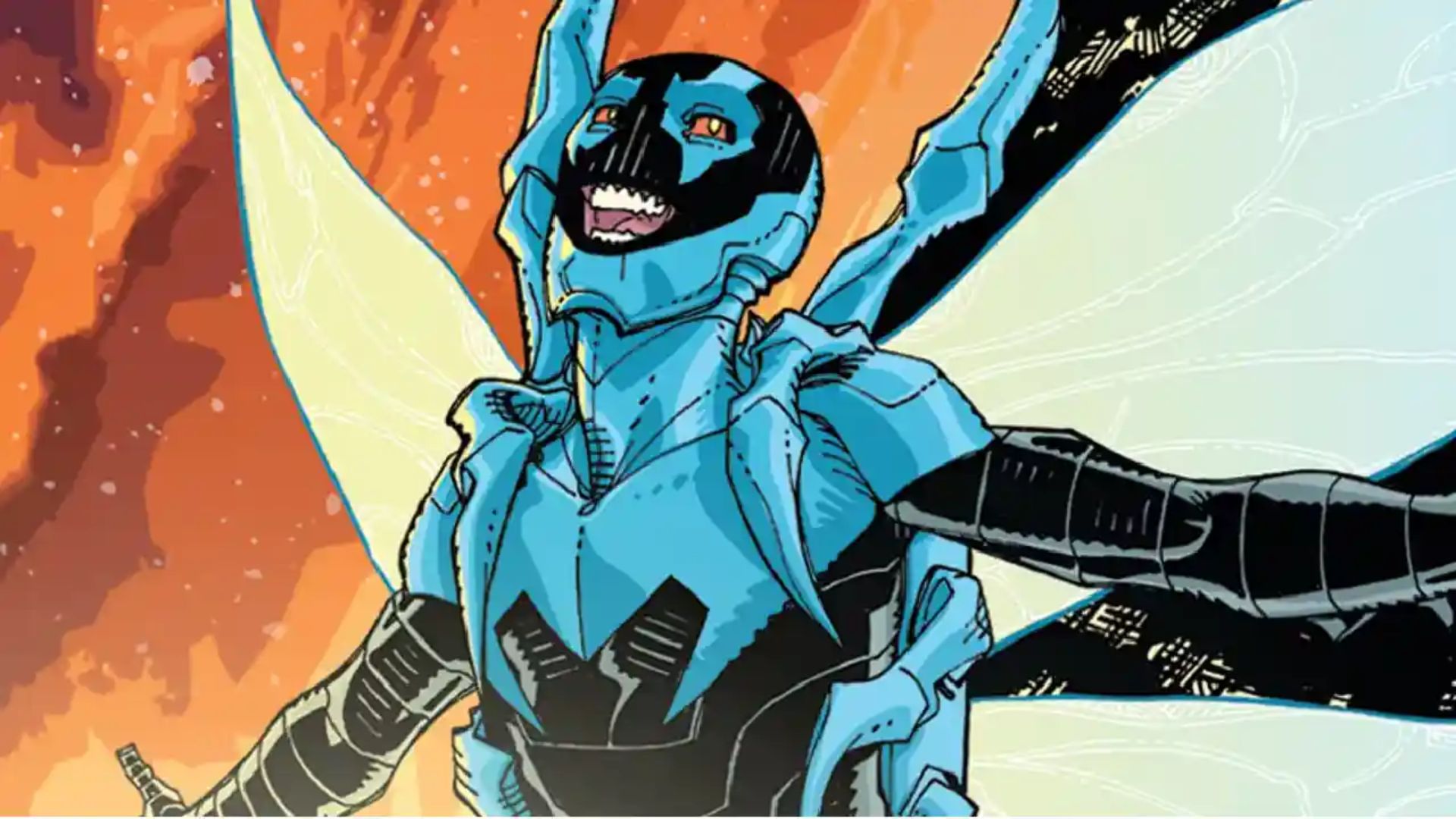 imagen cómic blue Beetle con el personaje sonriendo