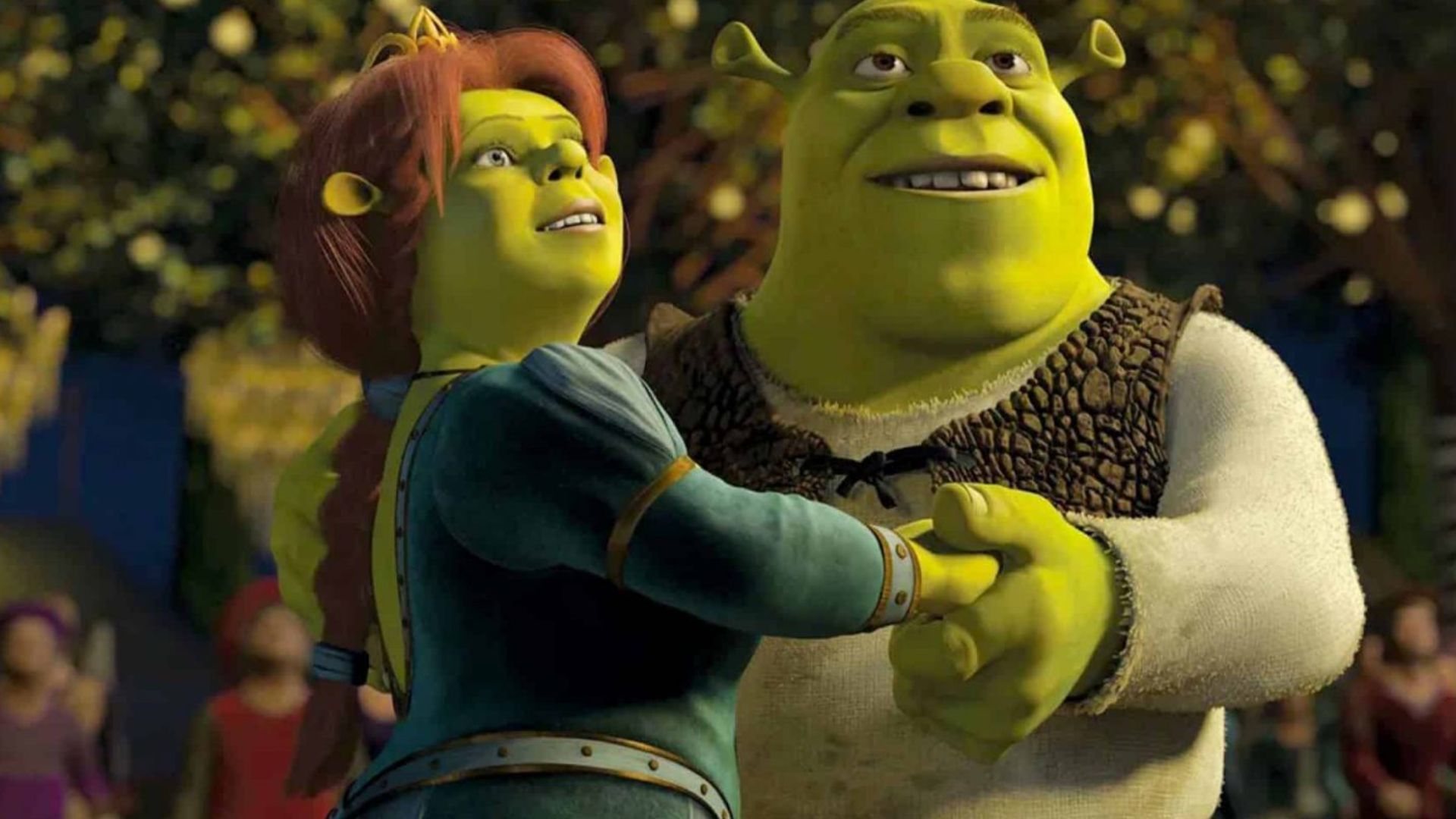 Fiona y Shrek 5 bailando en escena de la pelicula animada