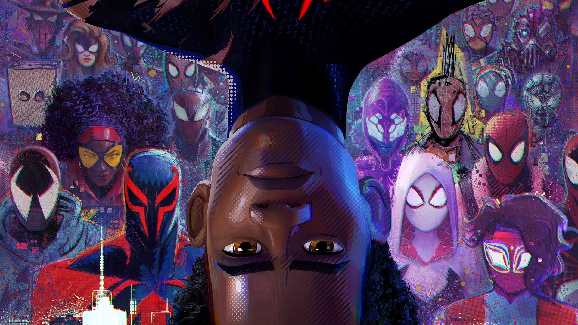 poster Spiderman a traves del spider-verso con muchos personajes de fondo