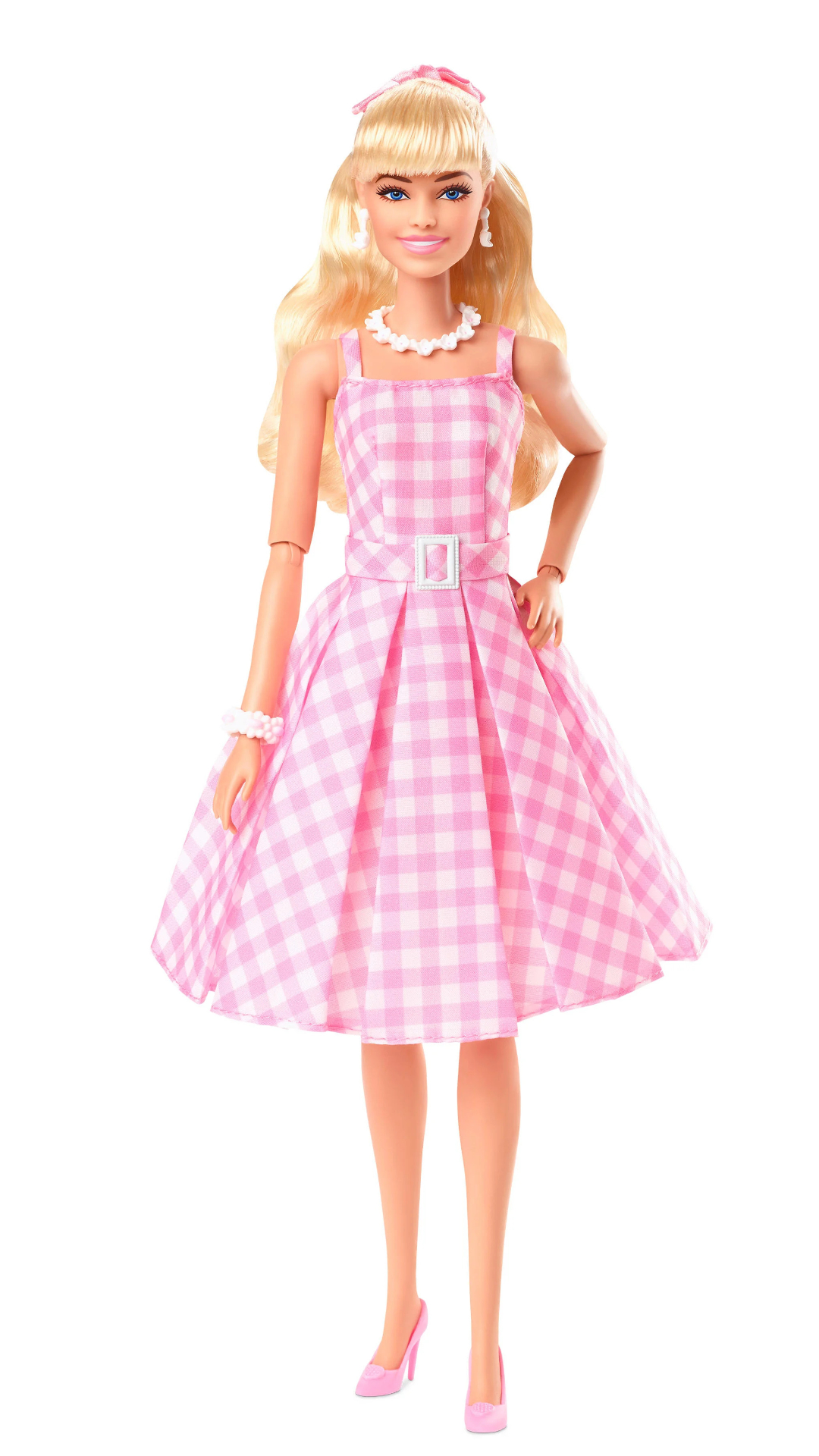 Barbie con vestido rosa de cuadros 