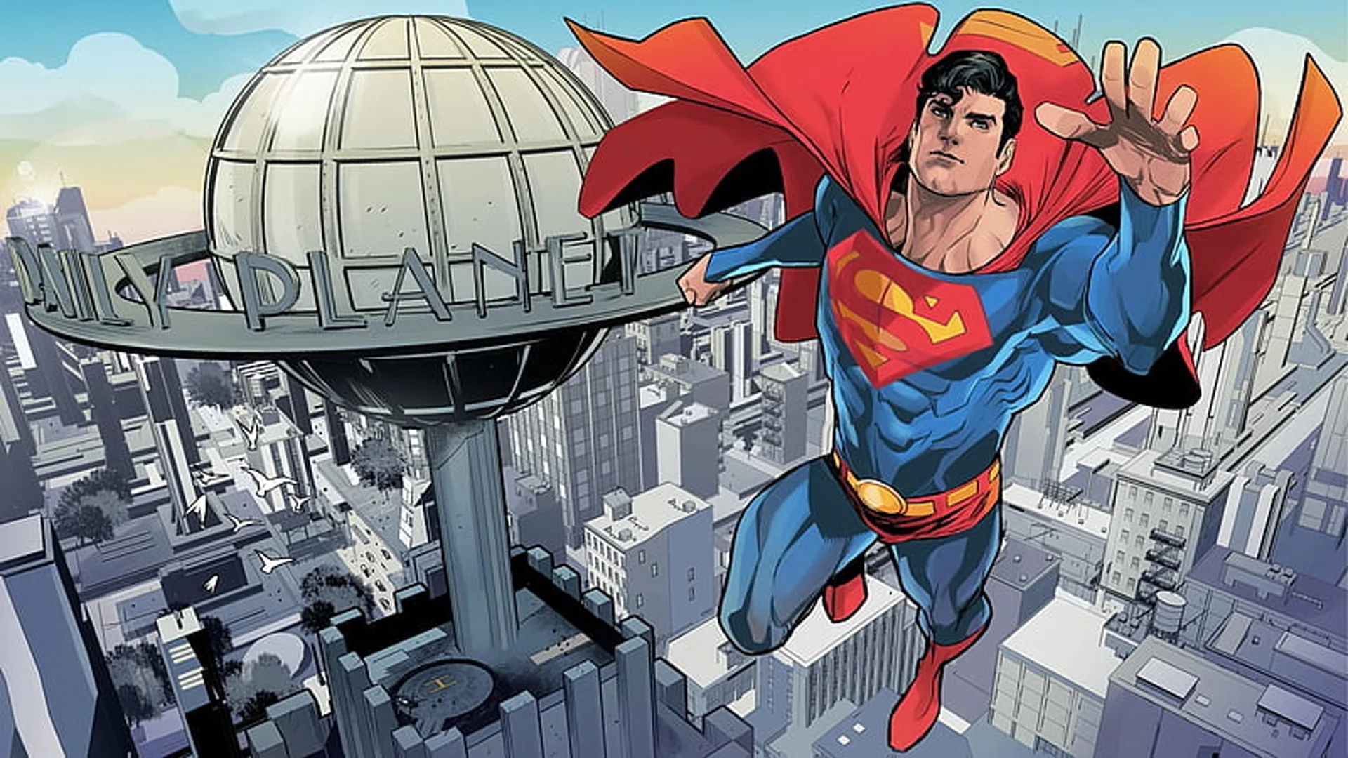 Superman en cómic volando junto al Daily Planet