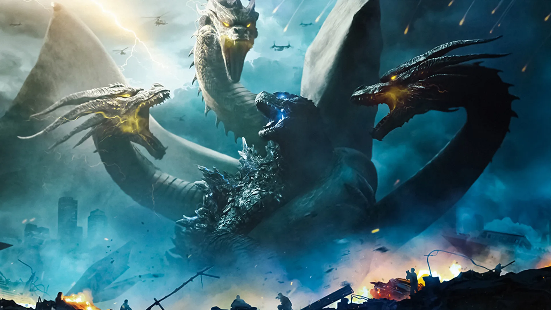 Godzilla peleando contra Ghidorah, películas del MonsterVerse