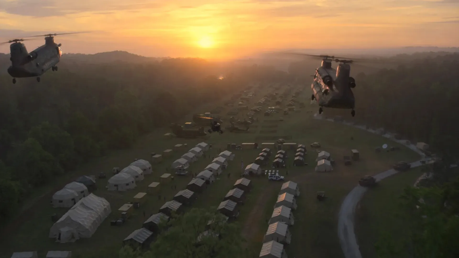 Guerra civil vista desde un helicóptero, campo de batalla.